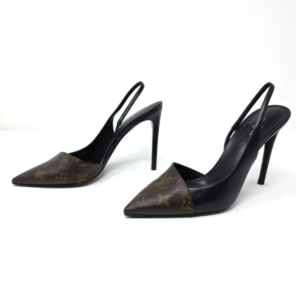 Louis Vuitton Monogram Slingback Pumps Cherie Pointed Toe Leather Heels 37.5 7.5